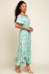 Mint Green Leaf Print Off Shoulder Handkerchief Midi Dress