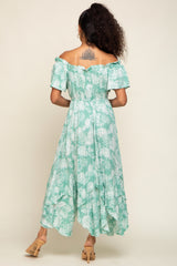 Mint Green Leaf Print Off Shoulder Handkerchief Midi Dress