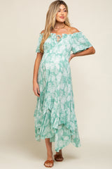 Mint Green Leaf Print Off Shoulder Handkerchief Maternity Midi Dress