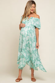 Mint Green Leaf Print Off Shoulder Handkerchief Maternity Midi Dress