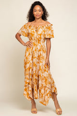 Camel Leaf Print Off Shoulder Handkerchief Maternity Midi Dress