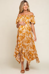 Camel Leaf Print Off Shoulder Handkerchief Maternity Midi Dress