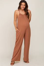 Mocha Halter Neck Maternity Jumpsuit