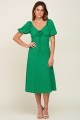 Green V-Neck Front Tie Short Puff Sleeve Midi Dress