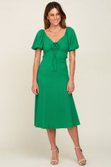 Green V-Neck Front Tie Short Puff Sleeve Midi Dress