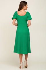 Green V-Neck Front Tie Short Puff Sleeve Midi Dress