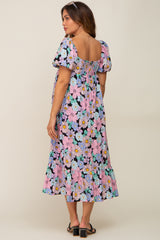 Multicolor Floral Puff Sleeve Maternity Midi Dress