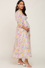 Ivory Floral Shimmer Chiffon Square Neck Maternity Maxi Dress