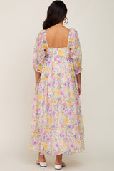 Ivory Floral Shimmer Chiffon Square Neck Maternity Maxi Dress