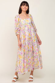 Ivory Floral Shimmer Chiffon Square Neck Maxi Dress