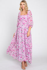 Lavender Floral Chiffon Puff Sleeve Maxi Dress