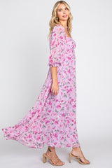 Lavender Floral Chiffon Puff Sleeve Maxi Dress