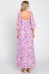 Lavender Floral Chiffon Puff Sleeve Maxi Dress