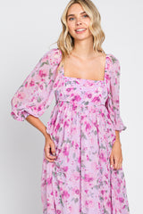 Lavender Floral Chiffon Puff Sleeve Maxi Dress