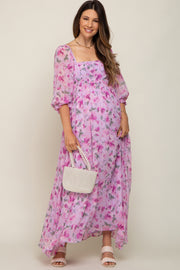 Lavender Floral Chiffon Puff Sleeve Maternity Maxi Dress