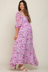 Lavender Floral Chiffon Puff Sleeve Maternity Maxi Dress