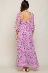 Lavender Floral Chiffon Puff Sleeve Maternity Maxi Dress