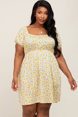 Yellow Floral Short Puff Sleeve Dress