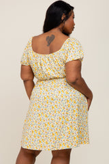 Yellow Floral Short Puff Sleeve Dress