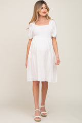 White Smocked Short Sleeve Linen Maternity Midi Dress