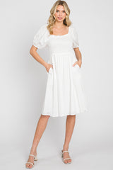 White Smocked Short Sleeve Linen Maternity Midi Dress