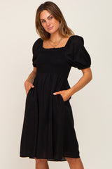 Black Smocked Short Sleeve Linen Midi Dress