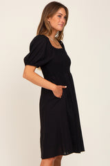 Black Smocked Short Sleeve Linen Midi Dress