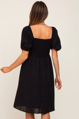 Black Smocked Short Sleeve Linen Midi Dress