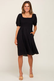 Black Smocked Short Sleeve Linen Midi Dress