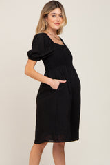 Black Smocked Short Sleeve Linen Maternity Midi Dress