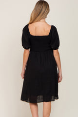 Black Smocked Short Sleeve Linen Maternity Midi Dress