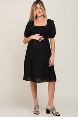 Black Smocked Short Sleeve Linen Maternity Midi Dress