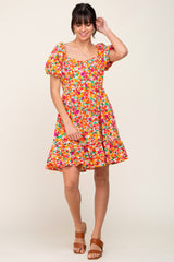 Pink Floral Square Neck Short Puff Sleeve Dress