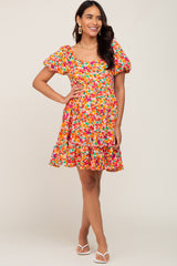 Pink Floral Square Neck Short Puff Sleeve Maternity Dress