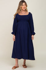 Navy Gauze Smocked Maternity Midi Dress