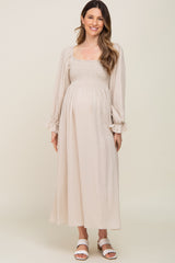 Beige Gauze Smocked Maternity Midi Dress