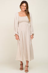 Beige Gauze Smocked Midi Dress