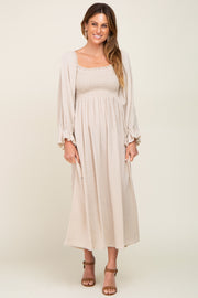 Beige Gauze Smocked Midi Dress