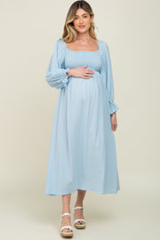 Light Blue Gauze Smocked Maternity Midi Dress