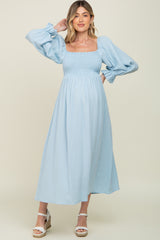 Light Blue Gauze Smocked Maternity Midi Dress