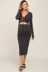 Black Ribbed Front Cutout Two Piece Maternity Skirt Set