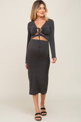 Black Ribbed Front Cutout Two Piece Maternity Skirt Set