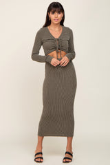 Olive Ribbed Front Cutout Two Piece Skirt Set