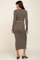 Olive Ribbed Front Cutout Two Piece Skirt Set