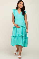 Turquoise Sleeveless Ruffle Tiered Maternity Dress