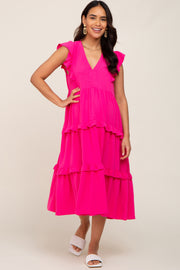 Fuchsia Sleeveless Ruffle Tiered Maternity Dress