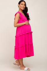 Fuchsia Sleeveless Ruffle Tiered Maternity Dress