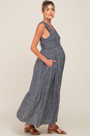 Navy Floral Smocked Sleeveless Back Tie Maternity Maxi Dress