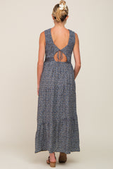 Navy Floral Smocked Sleeveless Back Tie Maternity Maxi Dress