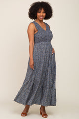 Navy Floral Smocked Sleeveless Back Tie Maternity Maxi Dress